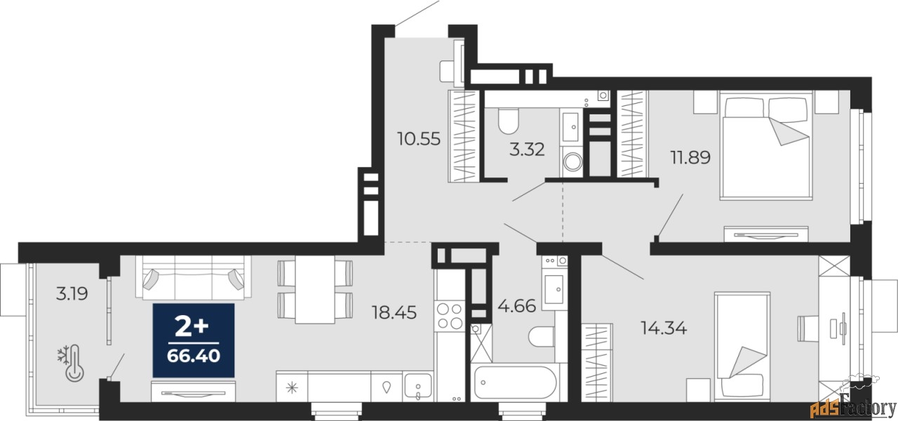 2 - комн.  квартира, 64.81 м², 17/20 эт.