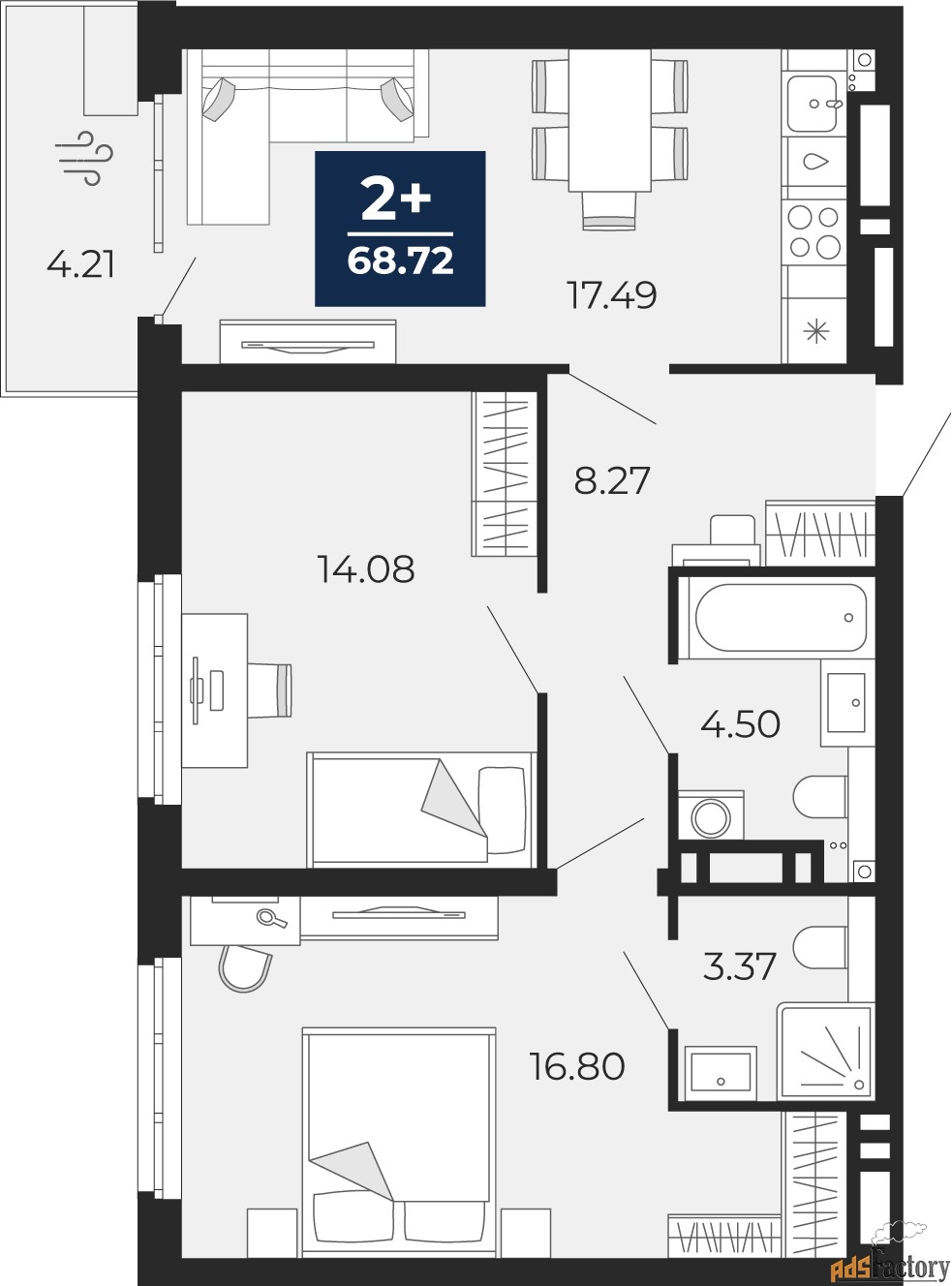 2 - комн.  квартира, 65.77 м², 13/20 эт.
