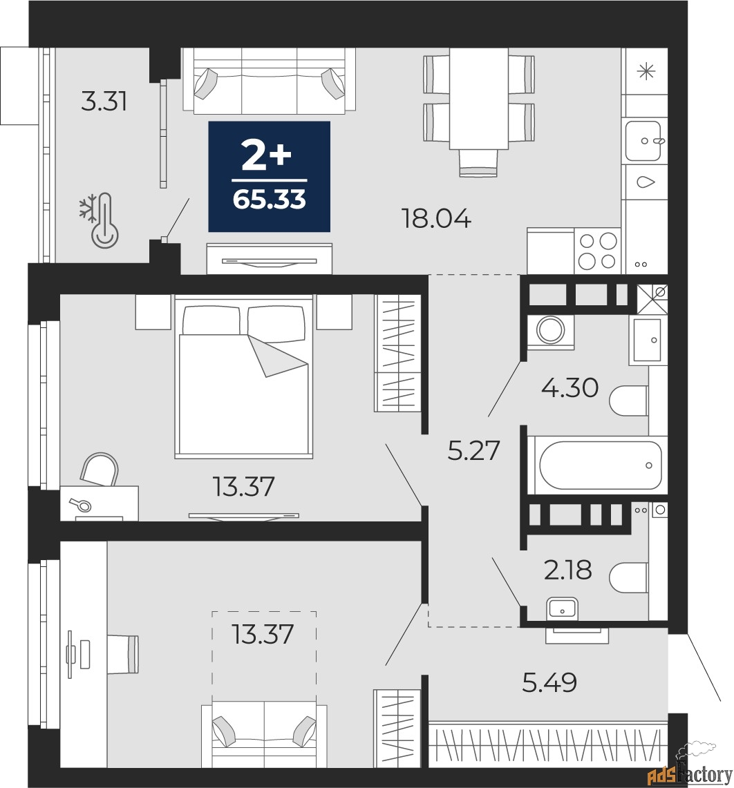 2 - комн.  квартира, 63.68 м², 10/12 эт.