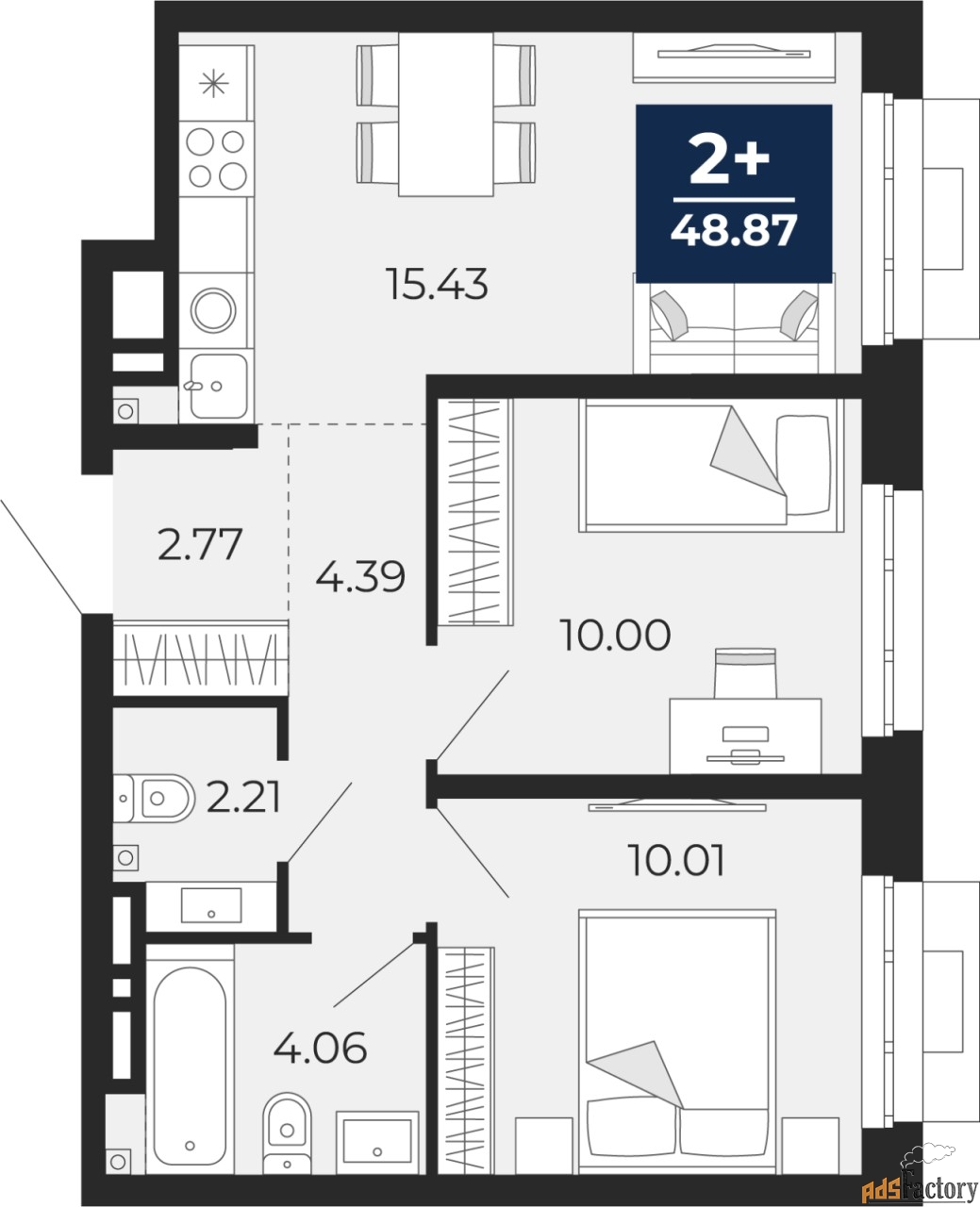 2 - комн.  квартира, 48.87 м², 6/24 эт.