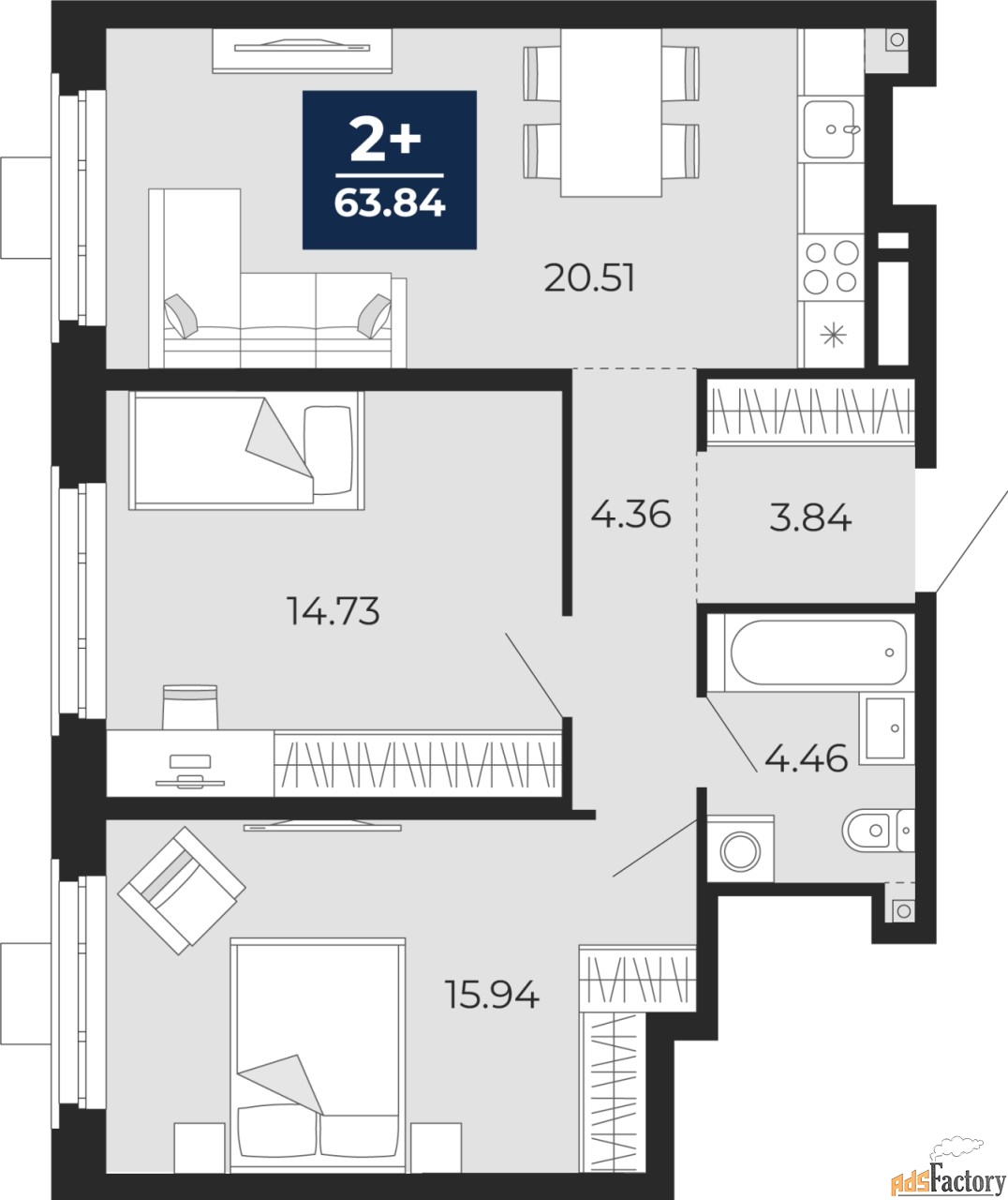 2 - комн.  квартира, 63.84 м², 6/24 эт.