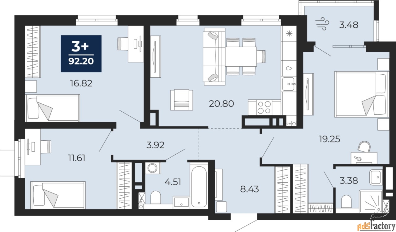 3 - комн.  квартира, 89.76 м², 2/20 эт.
