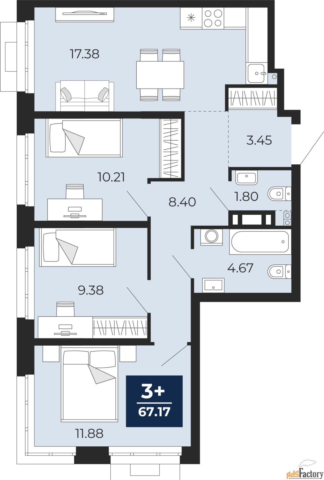 3 - комн.  квартира, 67.17 м², 3/24 эт.