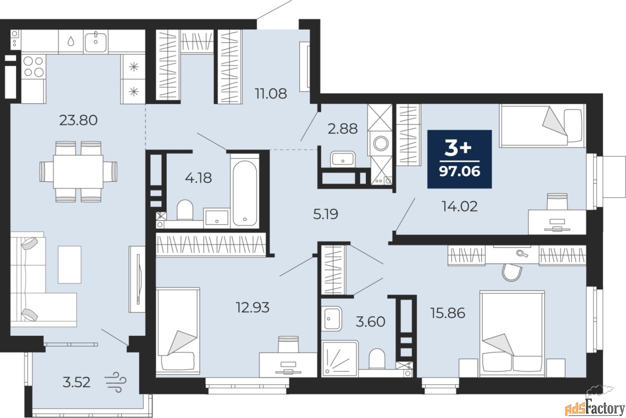 3 - комн.  квартира, 94.6 м², 13/20 эт.