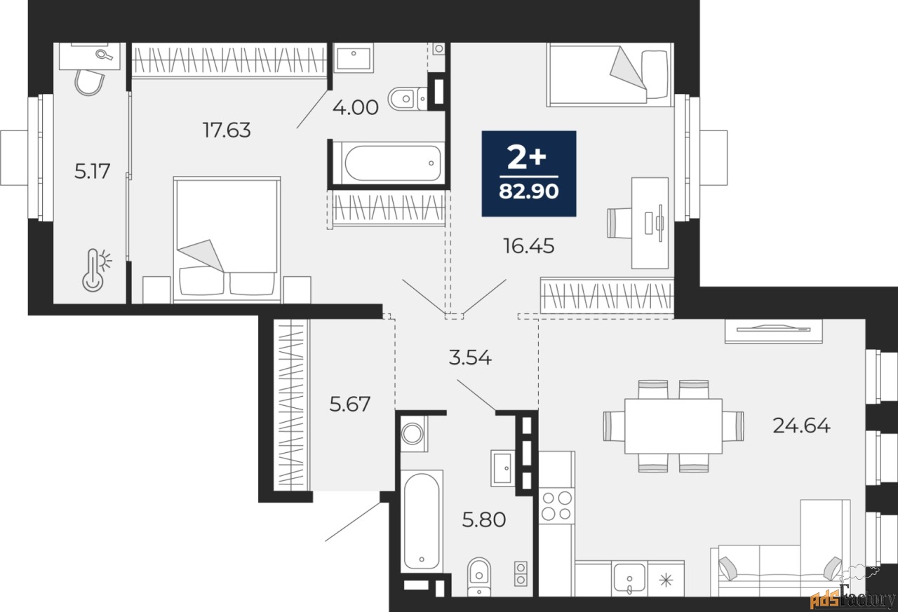 2 - комн.  квартира, 82.9 м², 2/24 эт.