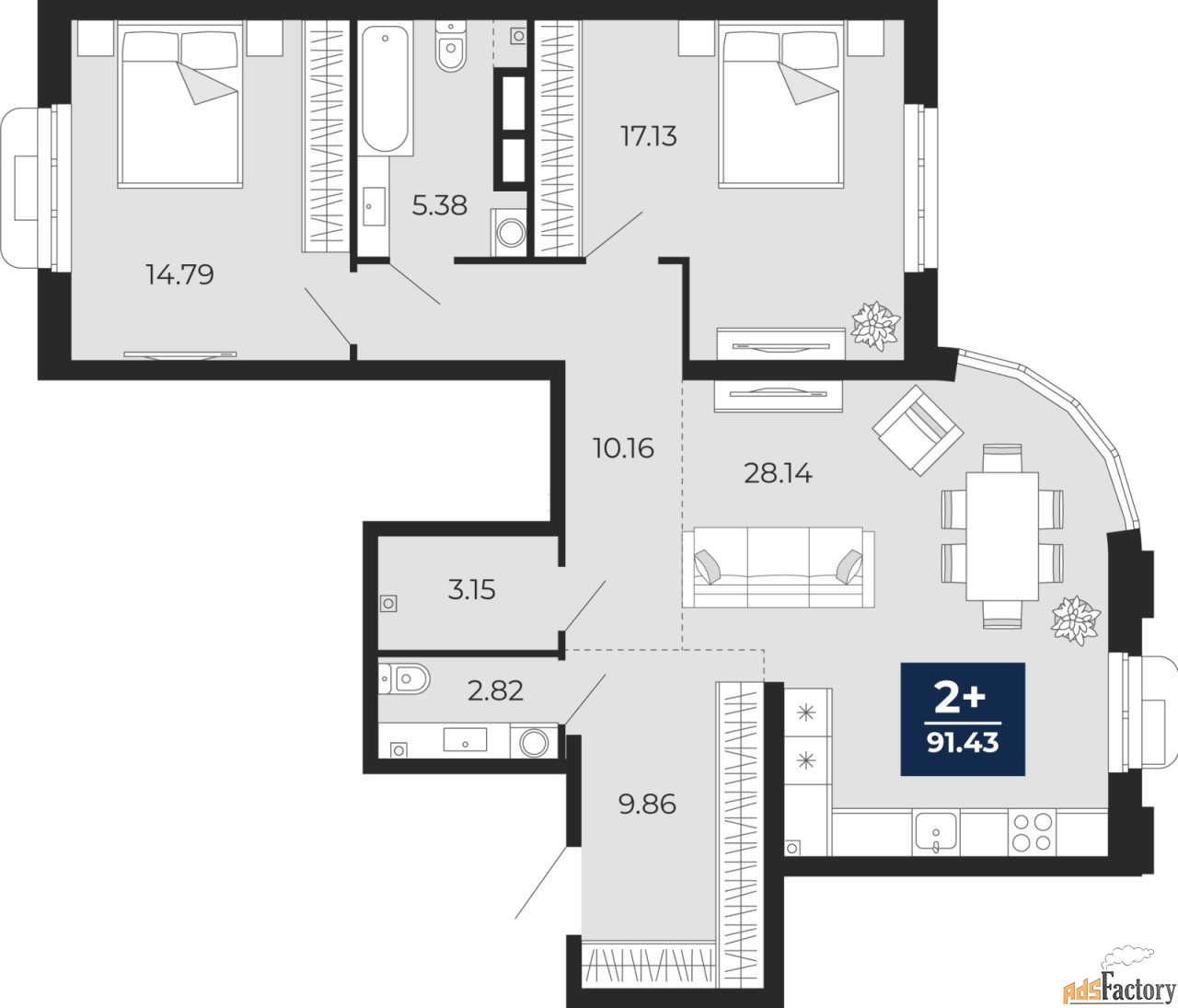 2 - комн.  квартира, 91.43 м², 2/24 эт.