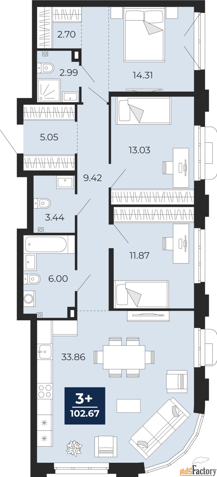 3 - комн.  квартира, 102.67 м², 2/24 эт.