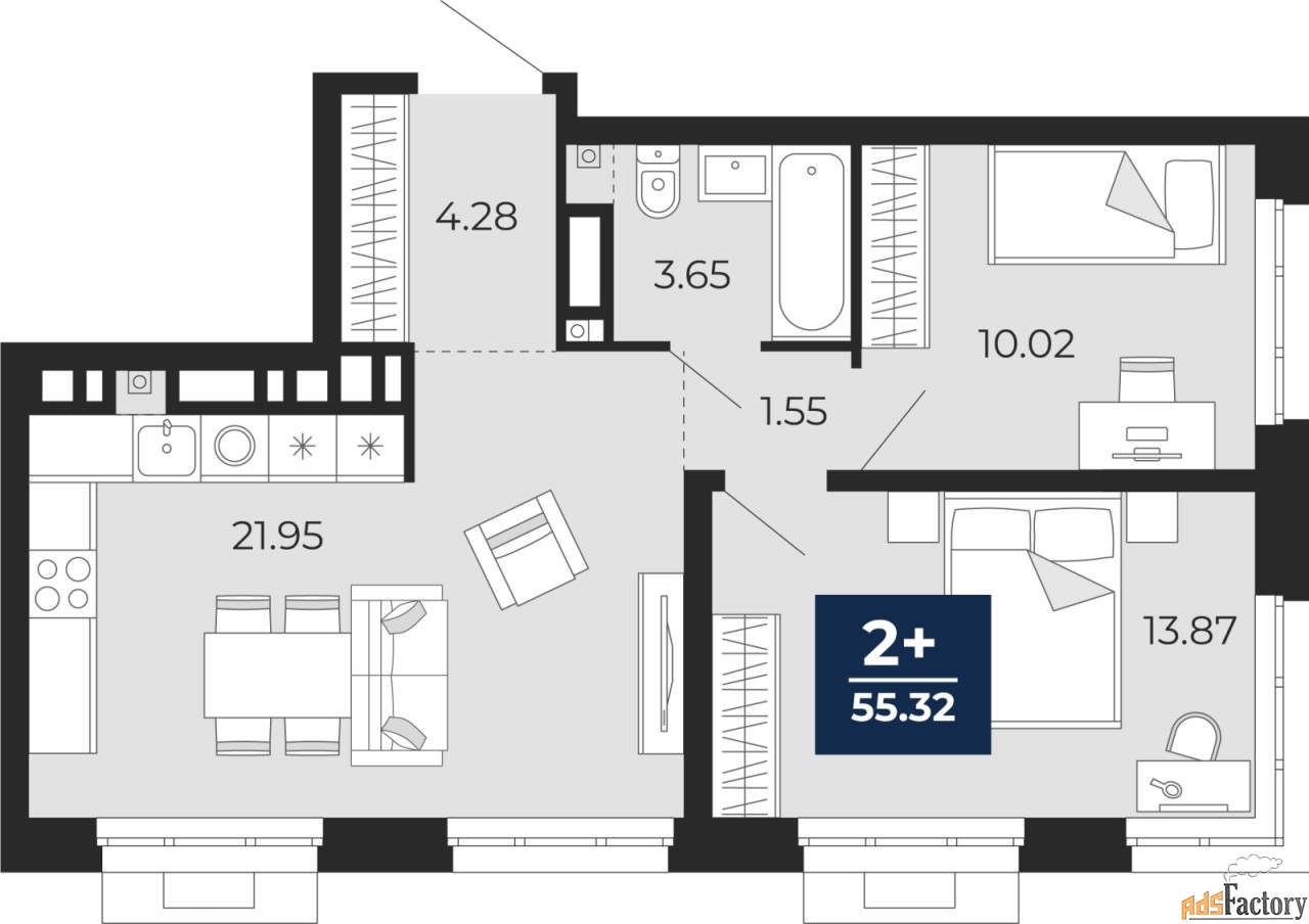 2 - комн.  квартира, 55.32 м², 13/24 эт.