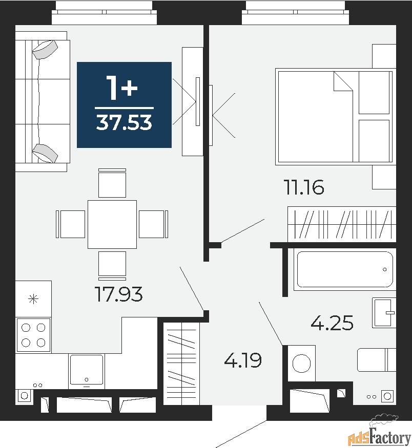 1 - комн.  квартира, 37.53 м², 22/24 эт.