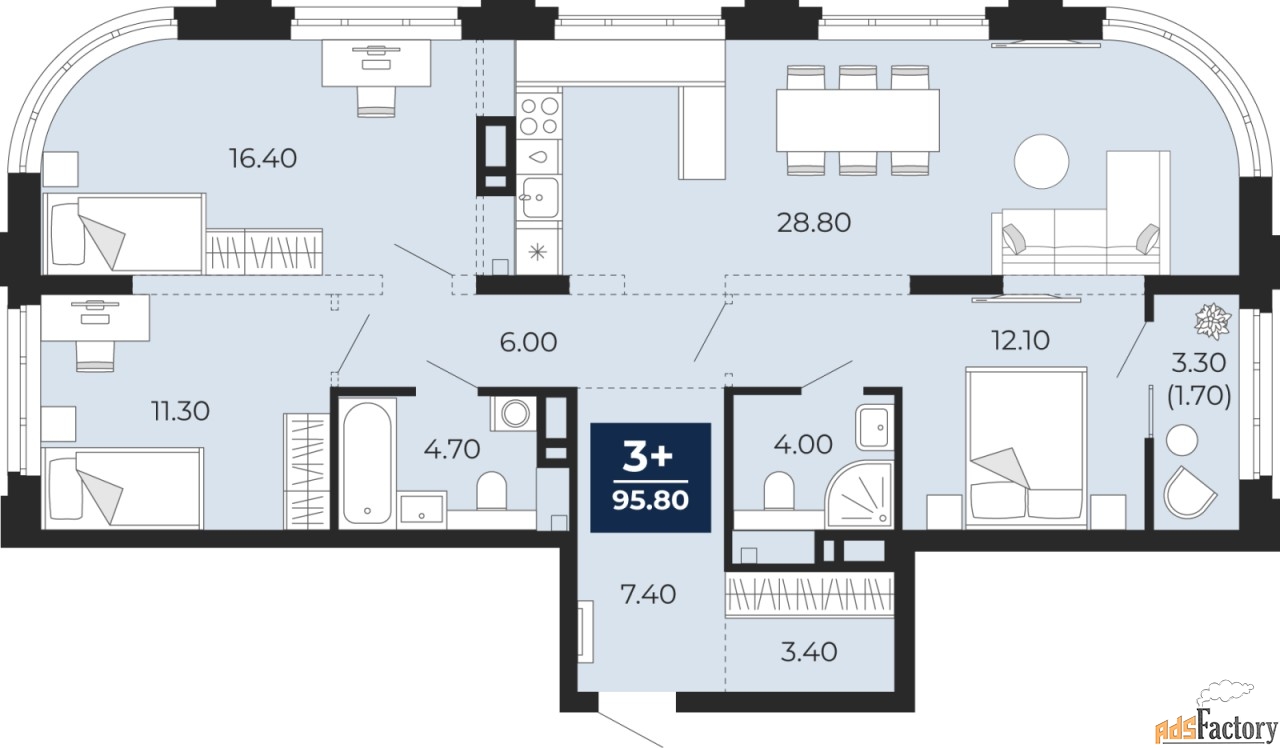3 - комн.  квартира, 95.8 м², 4/14 эт.