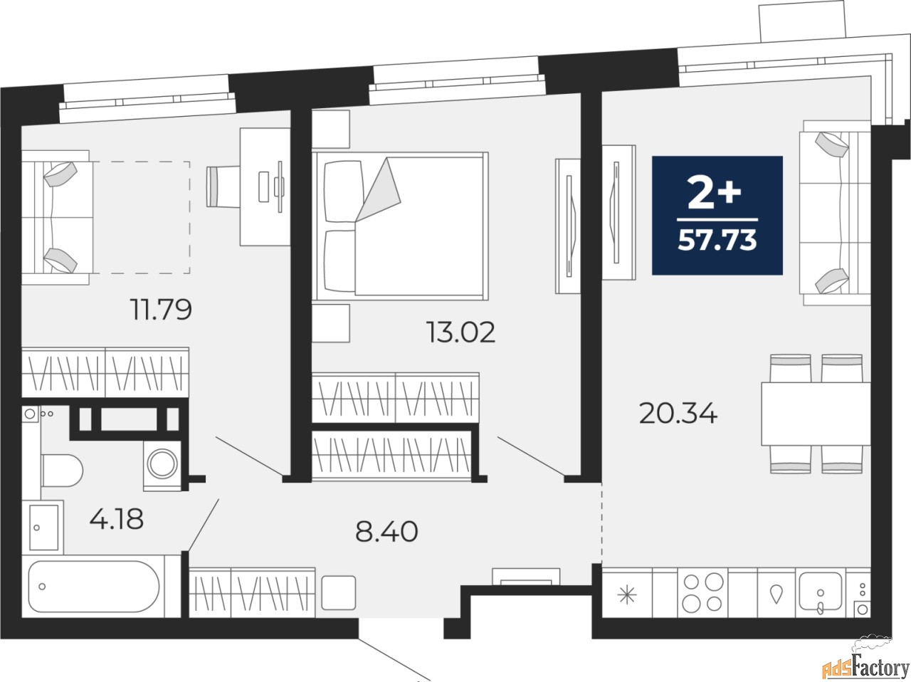 2 - комн.  квартира, 57.73 м², 8/21 эт.