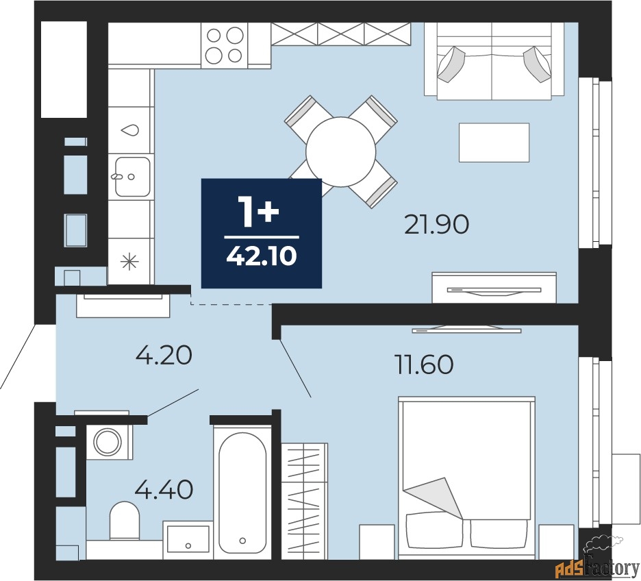 1 - комн.  квартира, 42.1 м², 9/18 эт.
