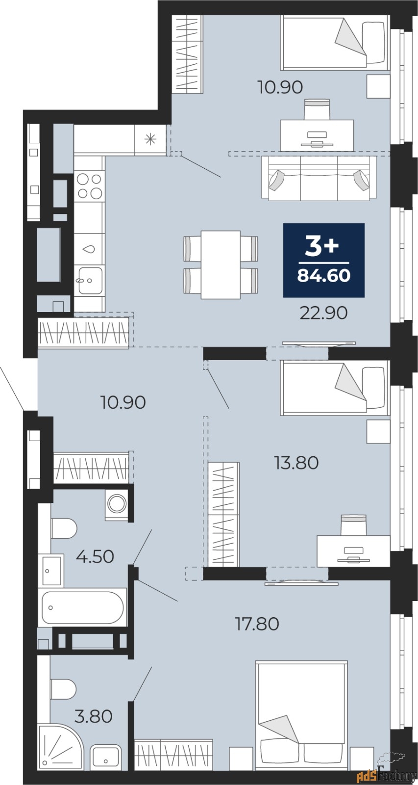 3 - комн.  квартира, 84.5 м², 10/14 эт.