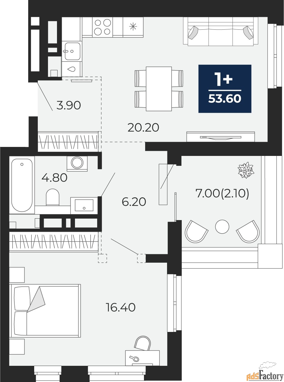 1 - комн.  квартира, 53.6 м², 16/18 эт.