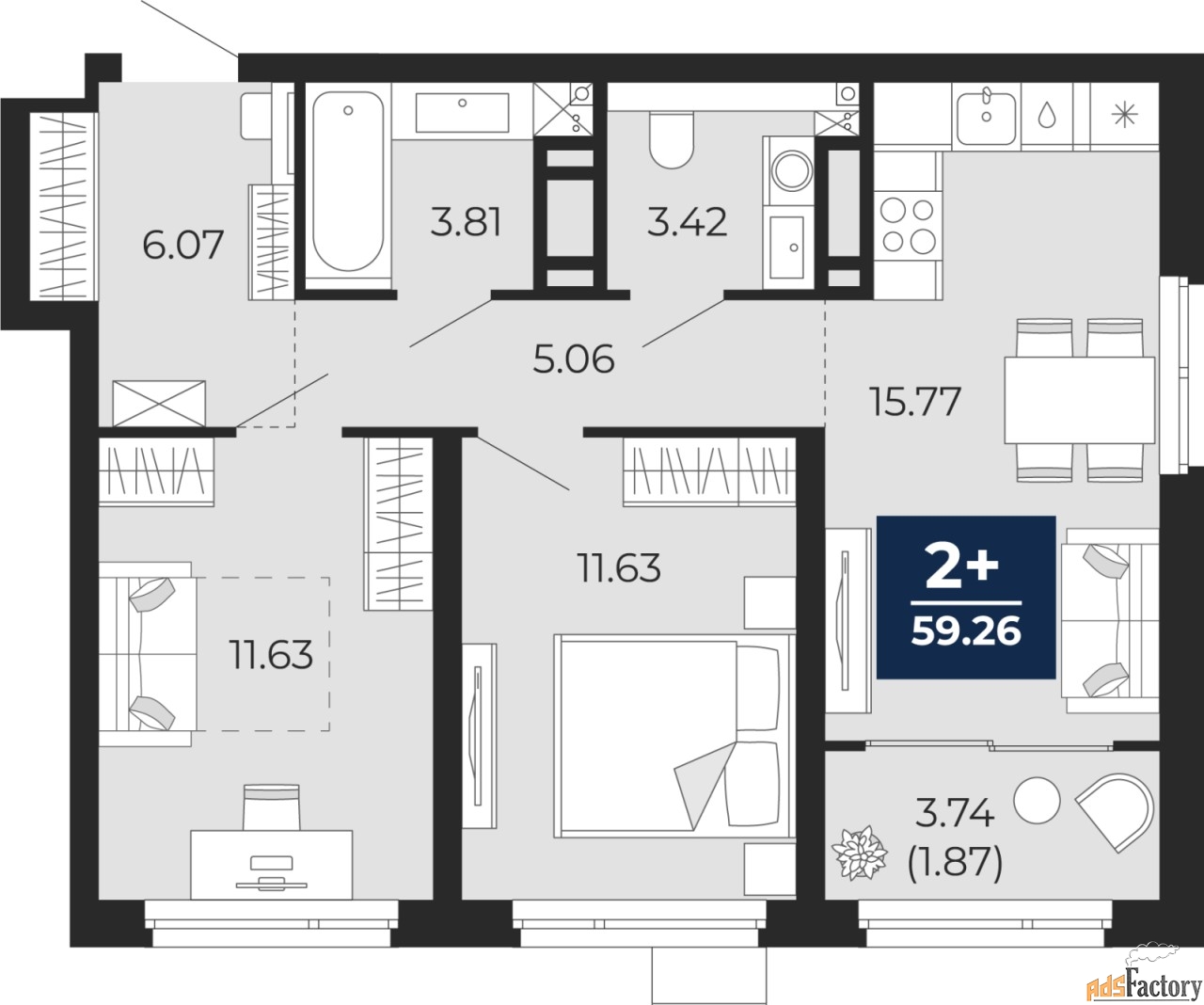 2 - комн.  квартира, 59.26 м², 11/22 эт.