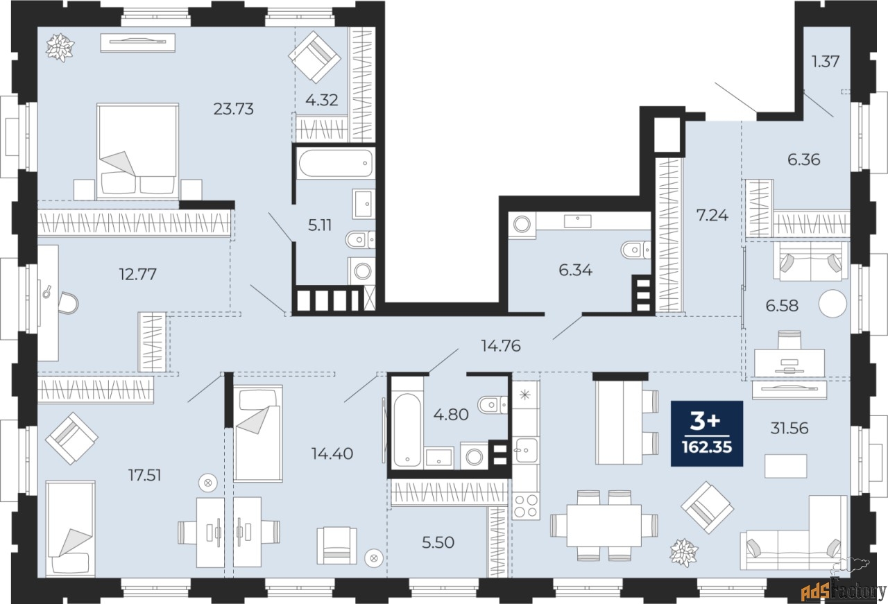 3 - комн.  квартира, 162.35 м², 2/24 эт.