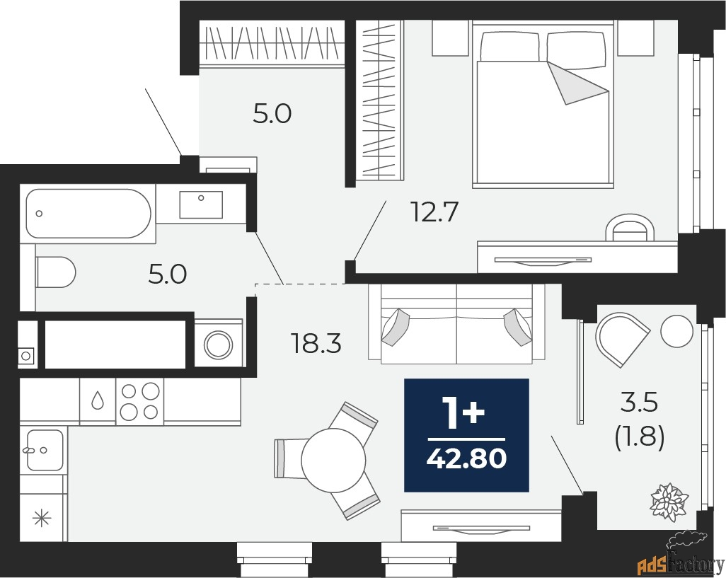 1 - комн.  квартира, 42.8 м², 7/16 эт.
