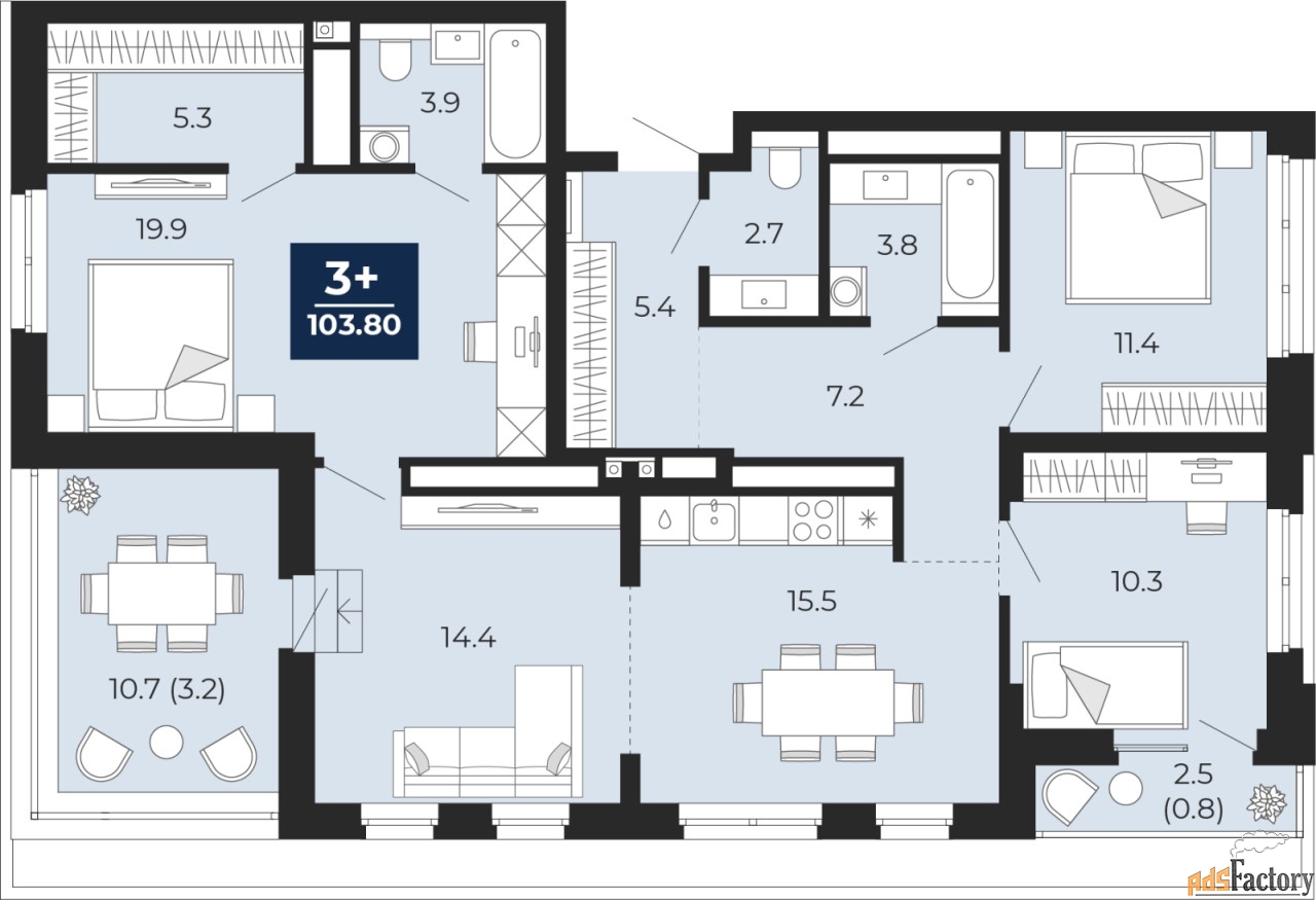 3 - комн.  квартира, 103.8 м², 12/14 эт.