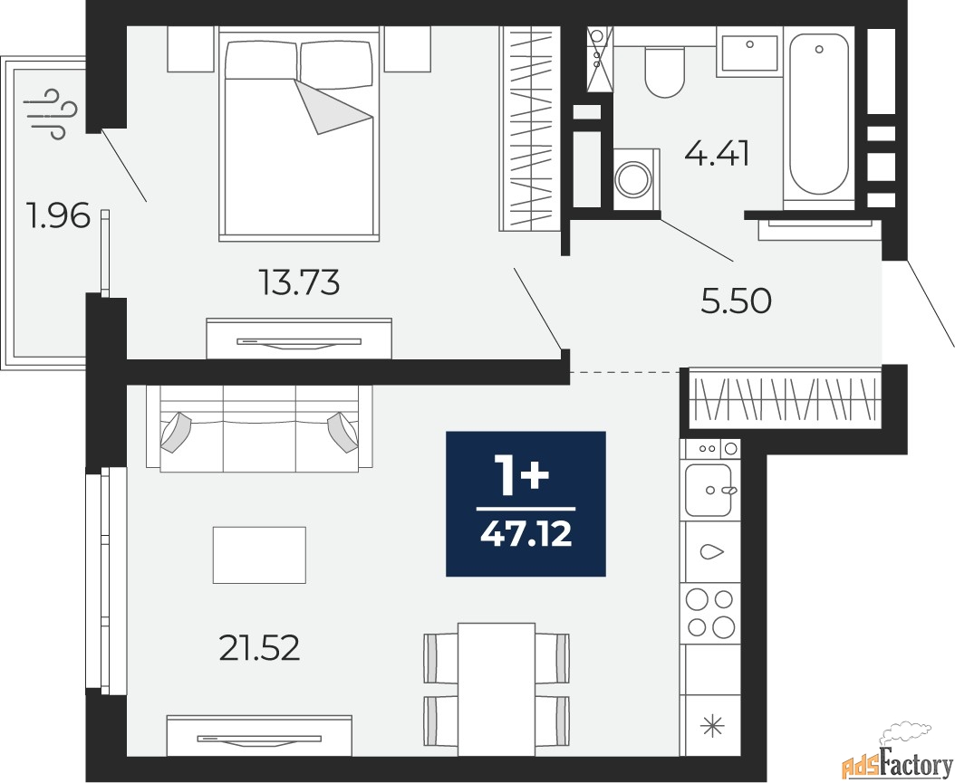1 - комн.  квартира, 45.75 м², 13/20 эт.