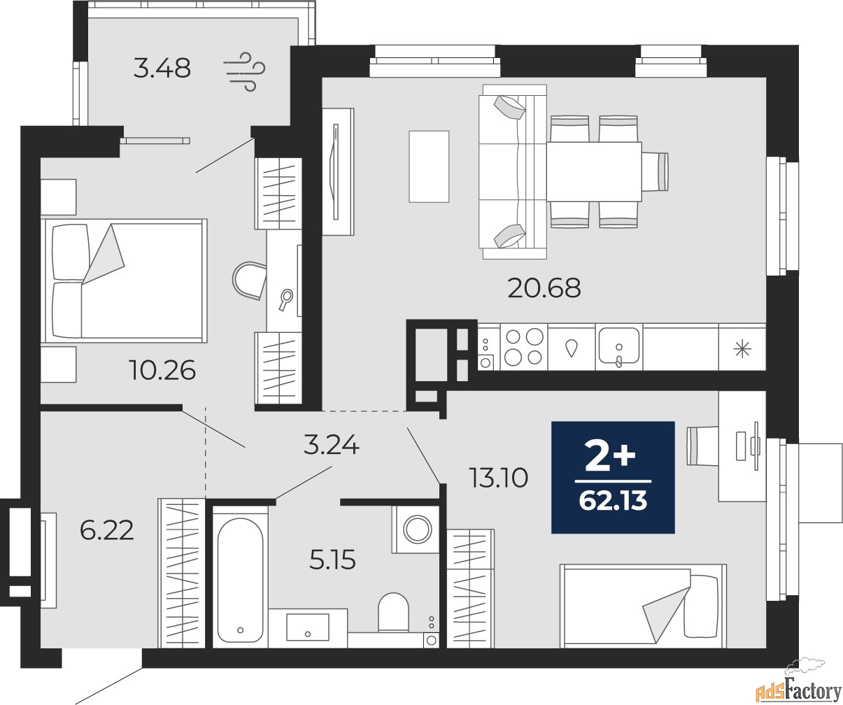 2 - комн.  квартира, 59.69 м², 2/20 эт.