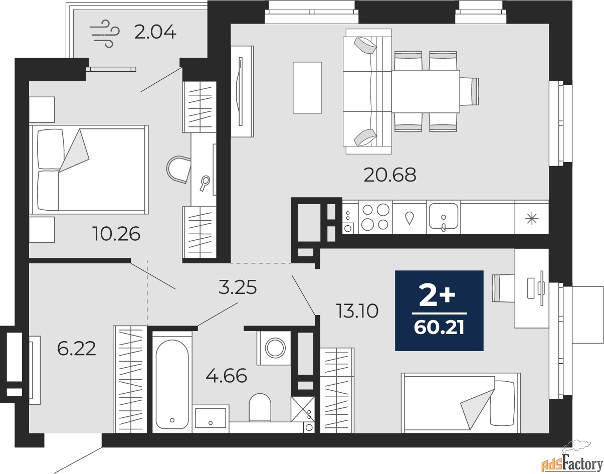 2 - комн.  квартира, 58.78 м², 16/20 эт.