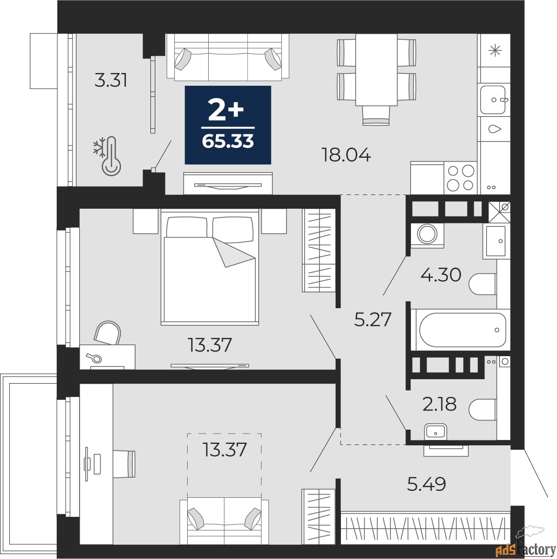 2 - комн.  квартира, 63.68 м², 2/12 эт.
