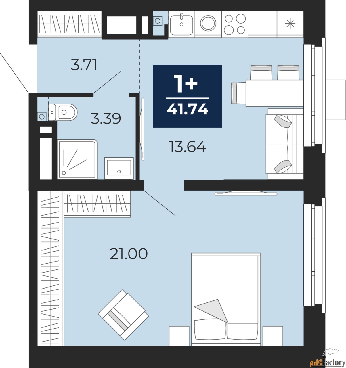 1 - комн.  квартира, 41.74 м², 13/24 эт.