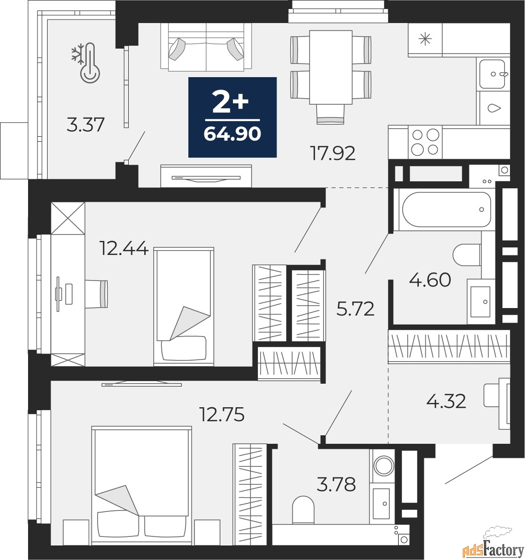 2 - комн.  квартира, 63.22 м², 2/20 эт.