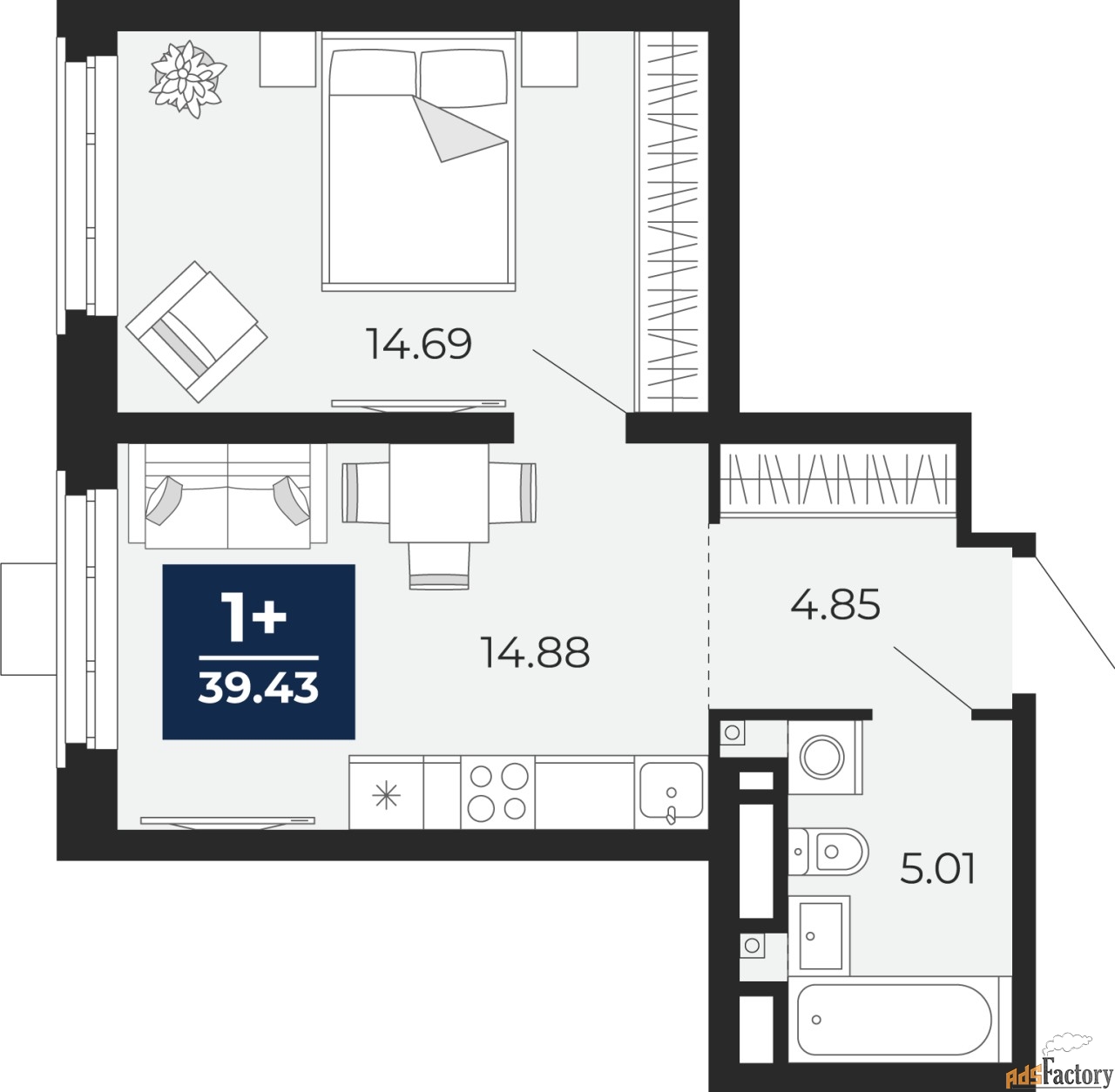 1 - комн.  квартира, 39.43 м², 11/24 эт.