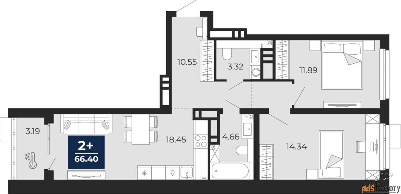 2 - комн.  квартира, 64.81 м², 13/20 эт.