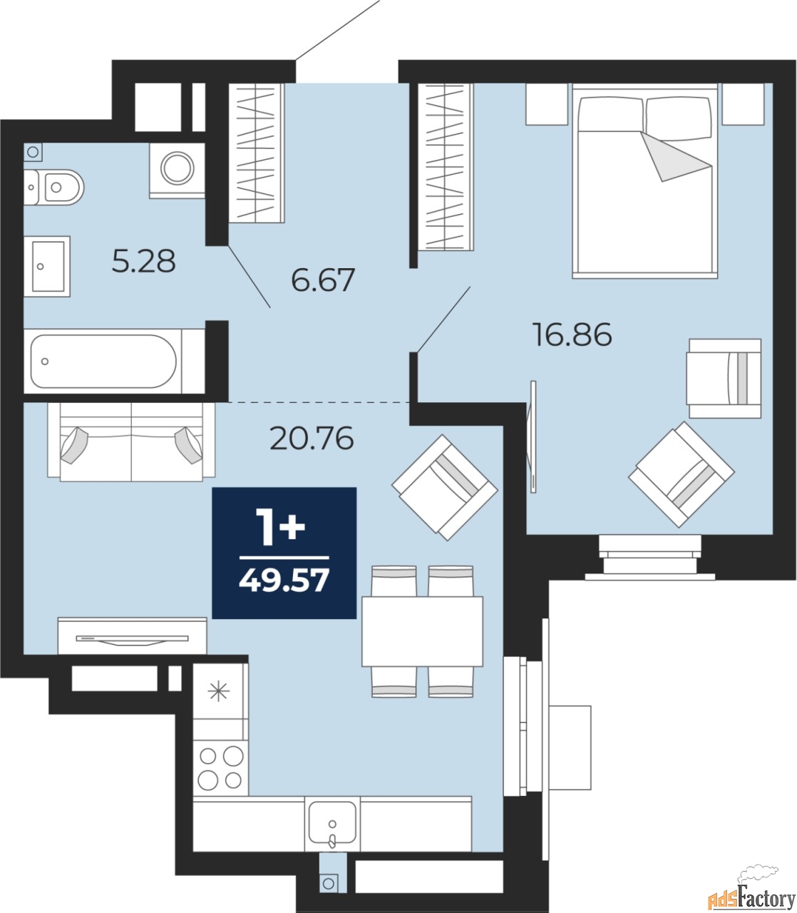 1 - комн.  квартира, 49.57 м², 13/24 эт.