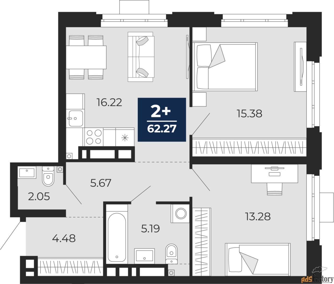 2 - комн.  квартира, 62.27 м², 3/24 эт.
