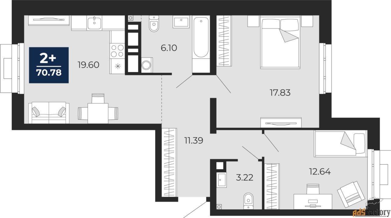 2 - комн.  квартира, 70.78 м², 2/24 эт.