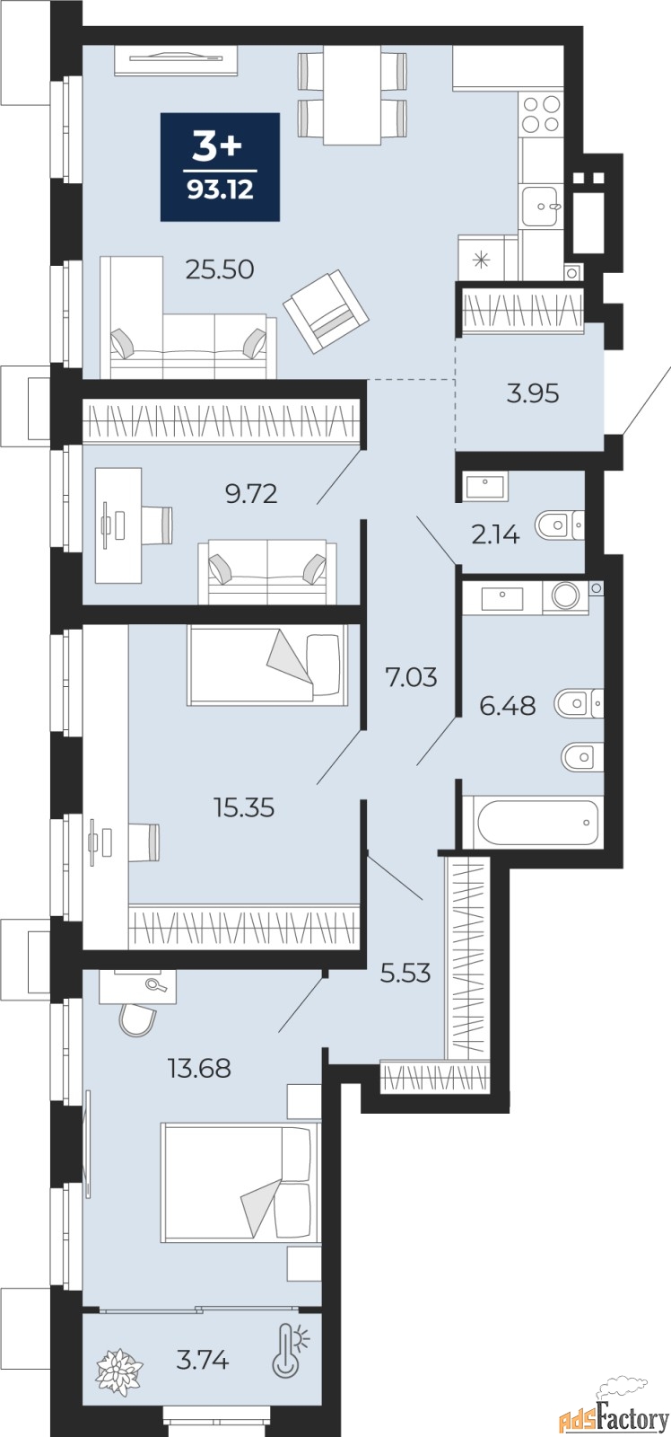 3 - комн.  квартира, 93.12 м², 2/24 эт.
