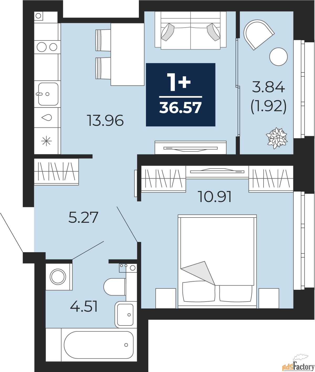 1 - комн.  квартира, 36.57 м², 11/21 эт.