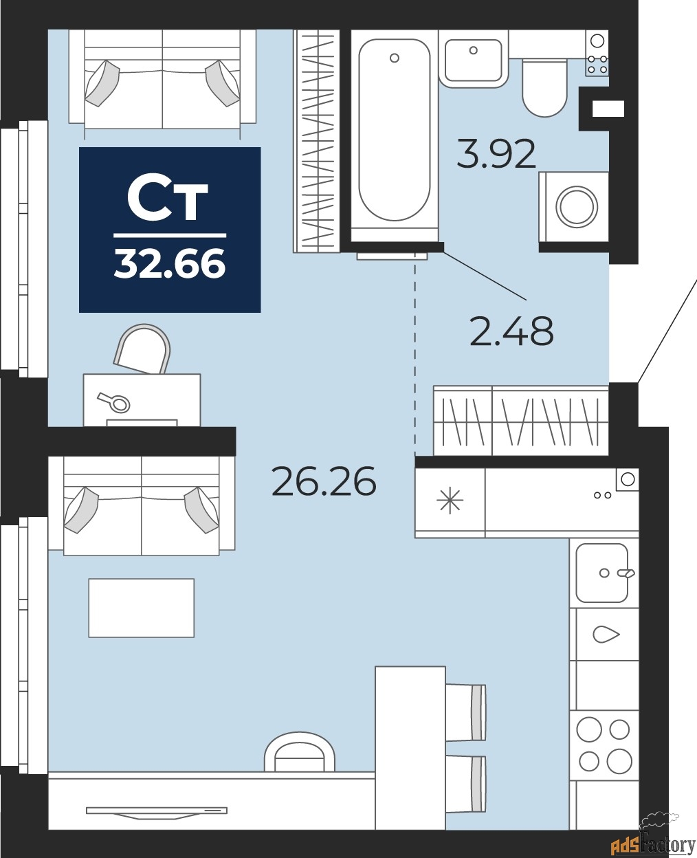 1 - комн.  квартира, 32.66 м², 1/22 эт.
