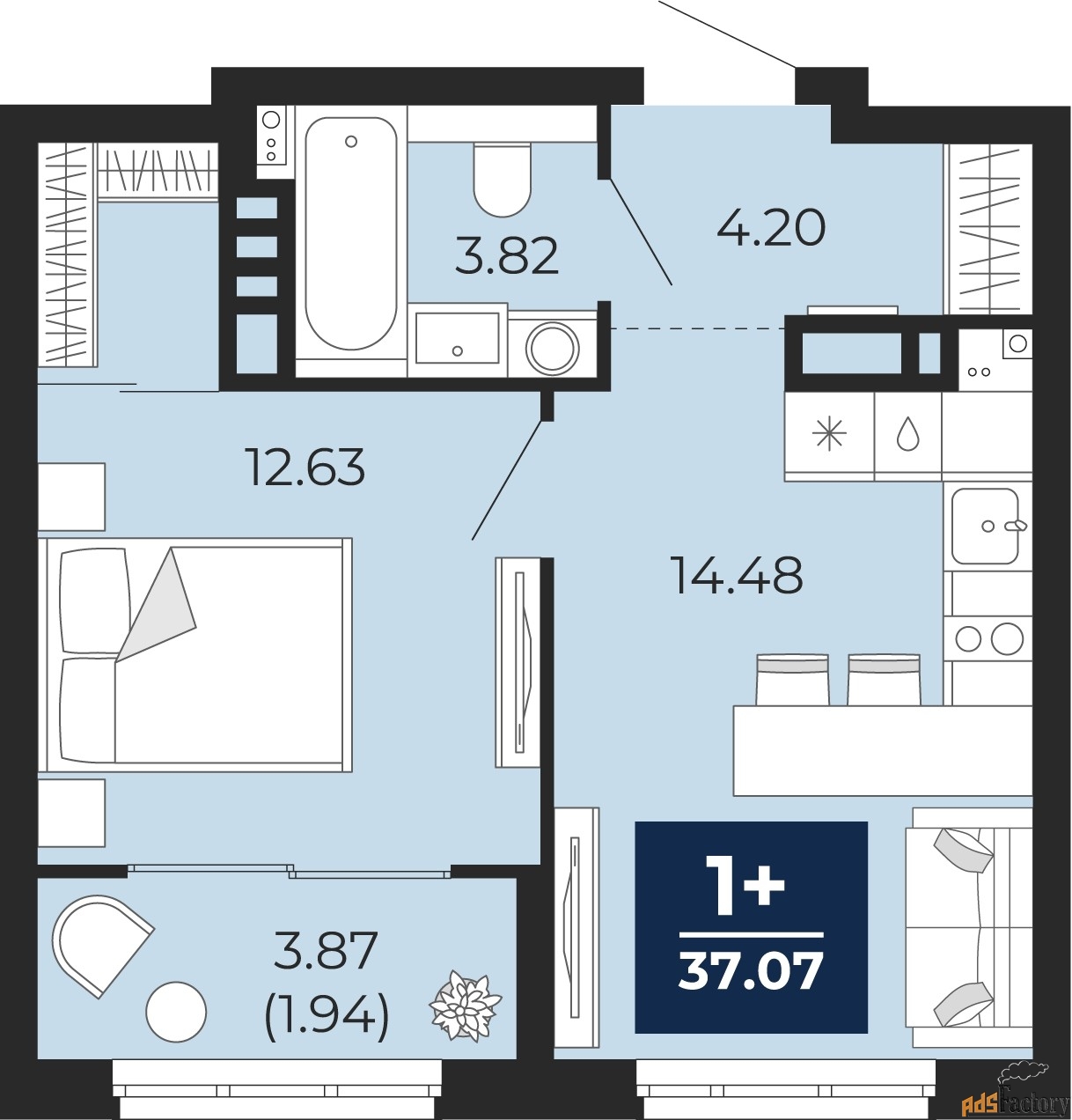 1 - комн.  квартира, 37.07 м², 5/9 эт.