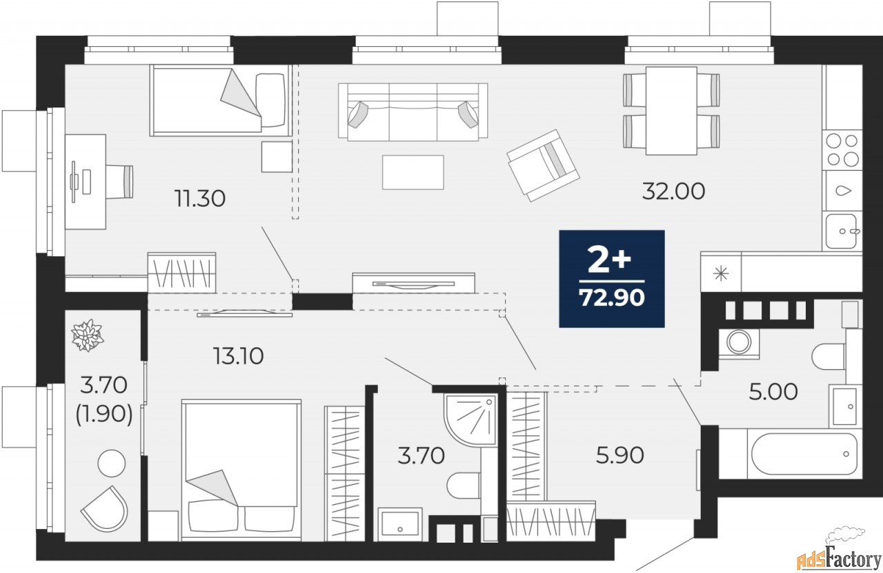 2 - комн.  квартира, 72.9 м², 3/9 эт.