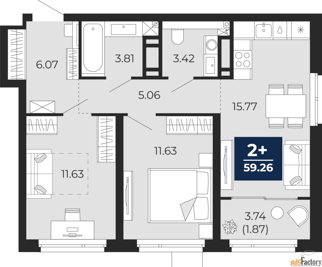 2 - комн.  квартира, 59.26 м², 10/21 эт.