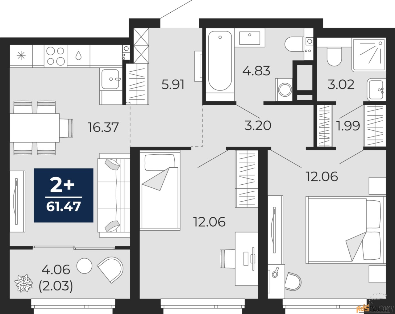 2 - комн.  квартира, 61.47 м², 6/21 эт.