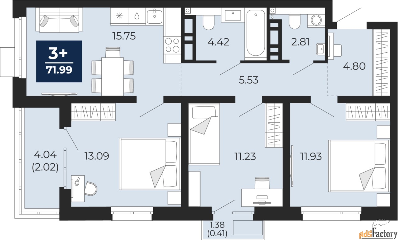 3 - комн.  квартира, 71.99 м², 7/14 эт.