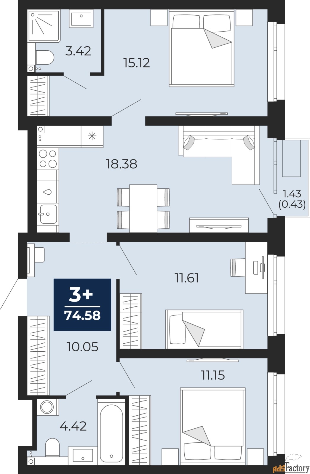 3 - комн.  квартира, 74.58 м², 5/14 эт.