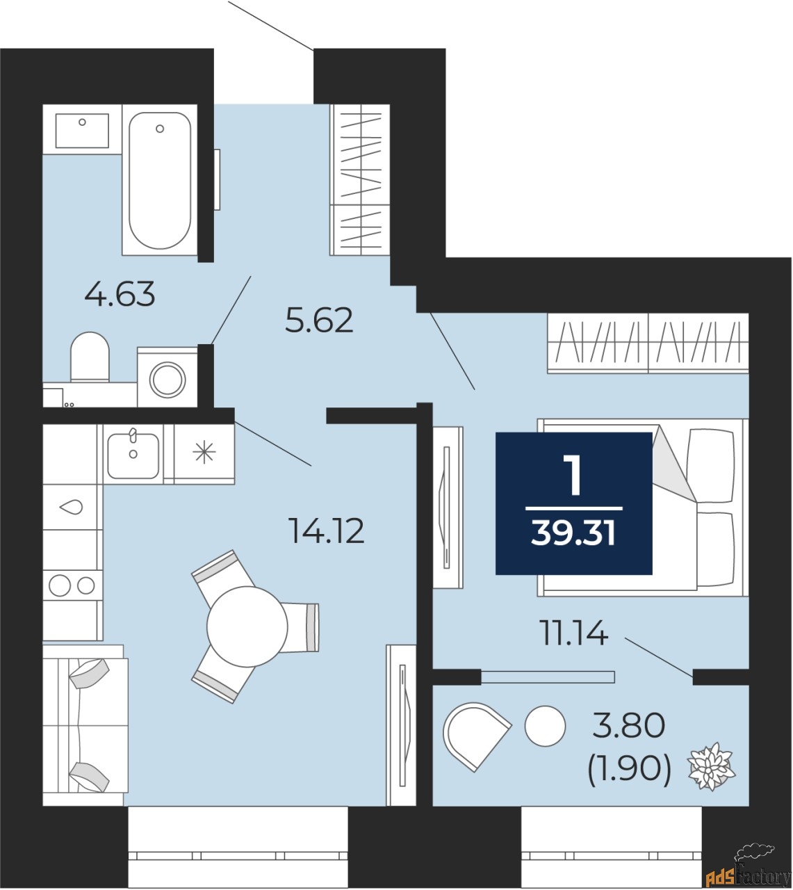 1 - комн.  квартира, 37.41 м², 2/12 эт.