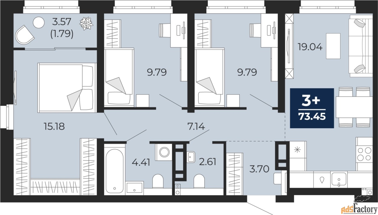 3 - комн.  квартира, 73.45 м², 8/22 эт.