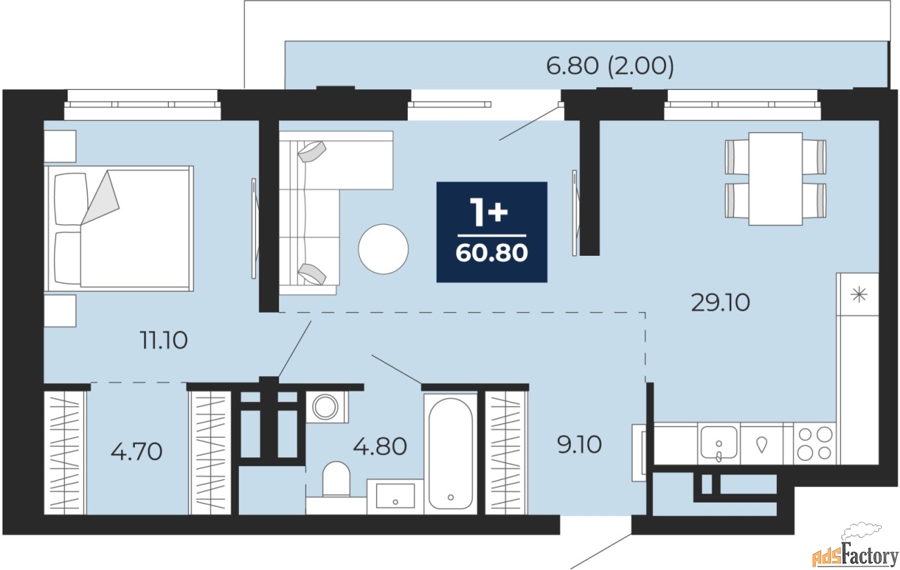 1 - комн.  квартира, 60.8 м², 17/18 эт.