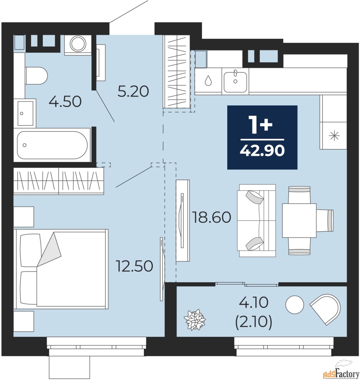 1 - комн.  квартира, 42.9 м², 7/9 эт.