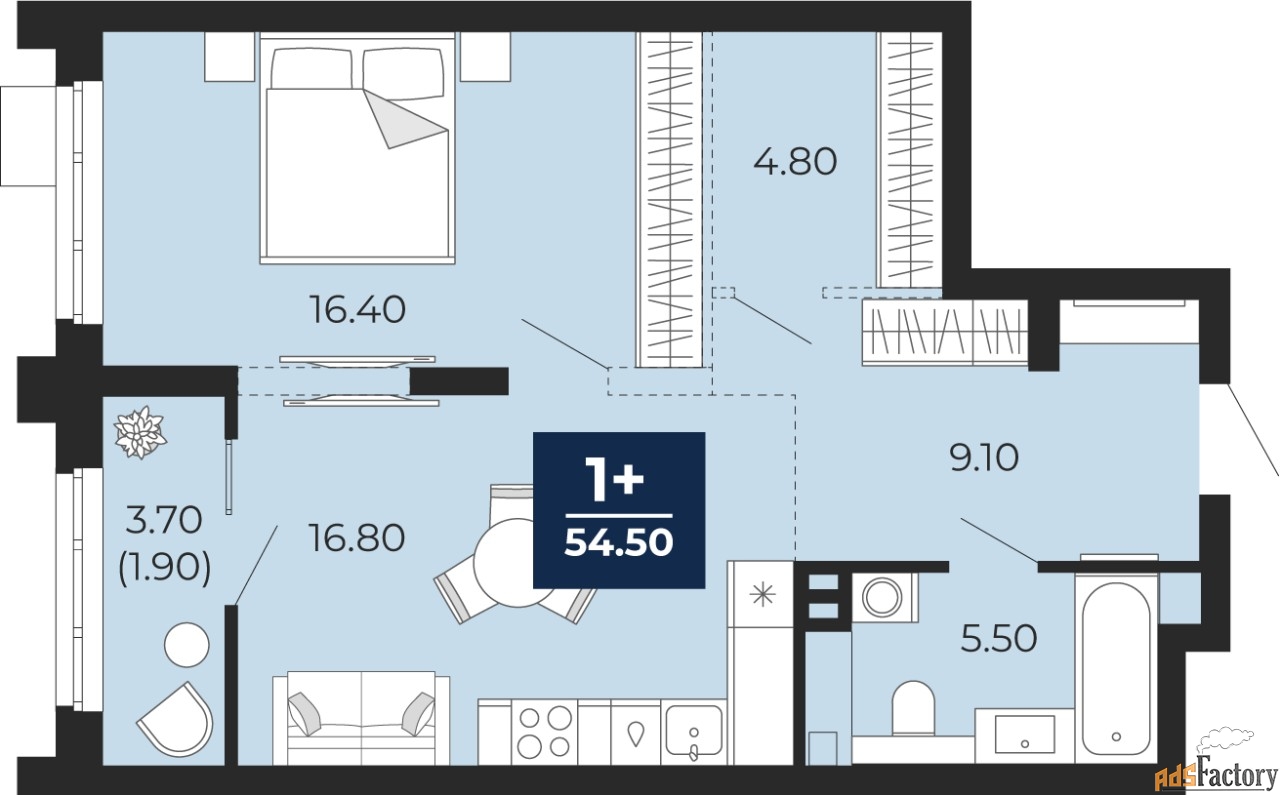 1 - комн.  квартира, 54.5 м², 2/20 эт.