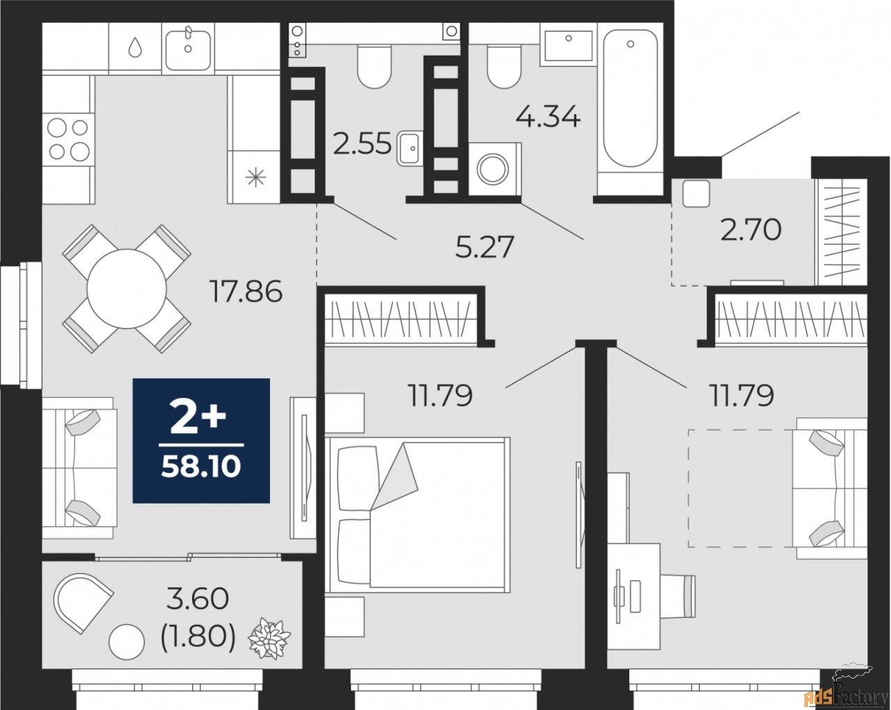 2 - комн.  квартира, 58.1 м², 8/9 эт.