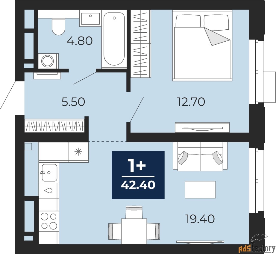 1 - комн.  квартира, 42.4 м², 15/24 эт.