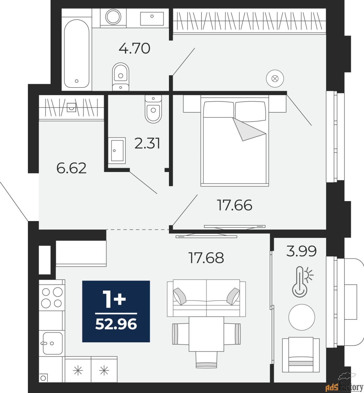 1 - комн.  квартира, 52.96 м², 2/24 эт.